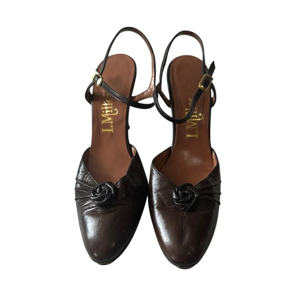 Vintage I.‎ Miller Brown Leather Rosette Heels – Size 8.5B
